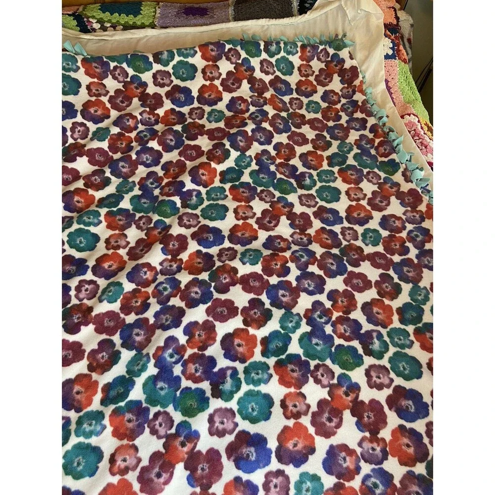 Handmade Tied Blanket Throw  Floral  54”x62” Multicolor Teal Back￼